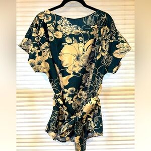EUC Teal Floral Peplum Blouse With Sash ~Size 14